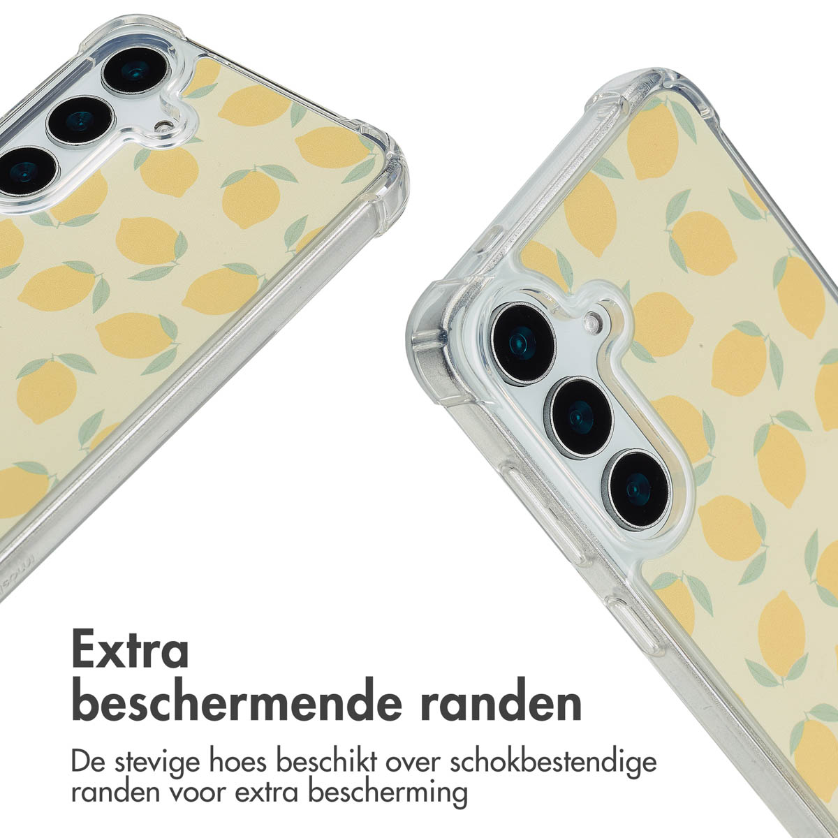Twee telefoonhoesjes, gele citroenpatroon. Tekst: Extra beschermende randen. De stevige hoes heeft schokbestendige randen.