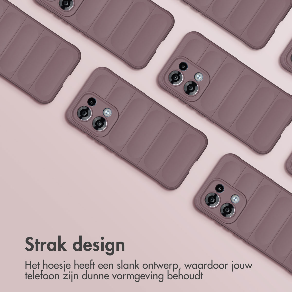 Molte custodie per telefono in una griglia. Sono color malva e il design è elegante. Lo sfondo è rosa tenue.