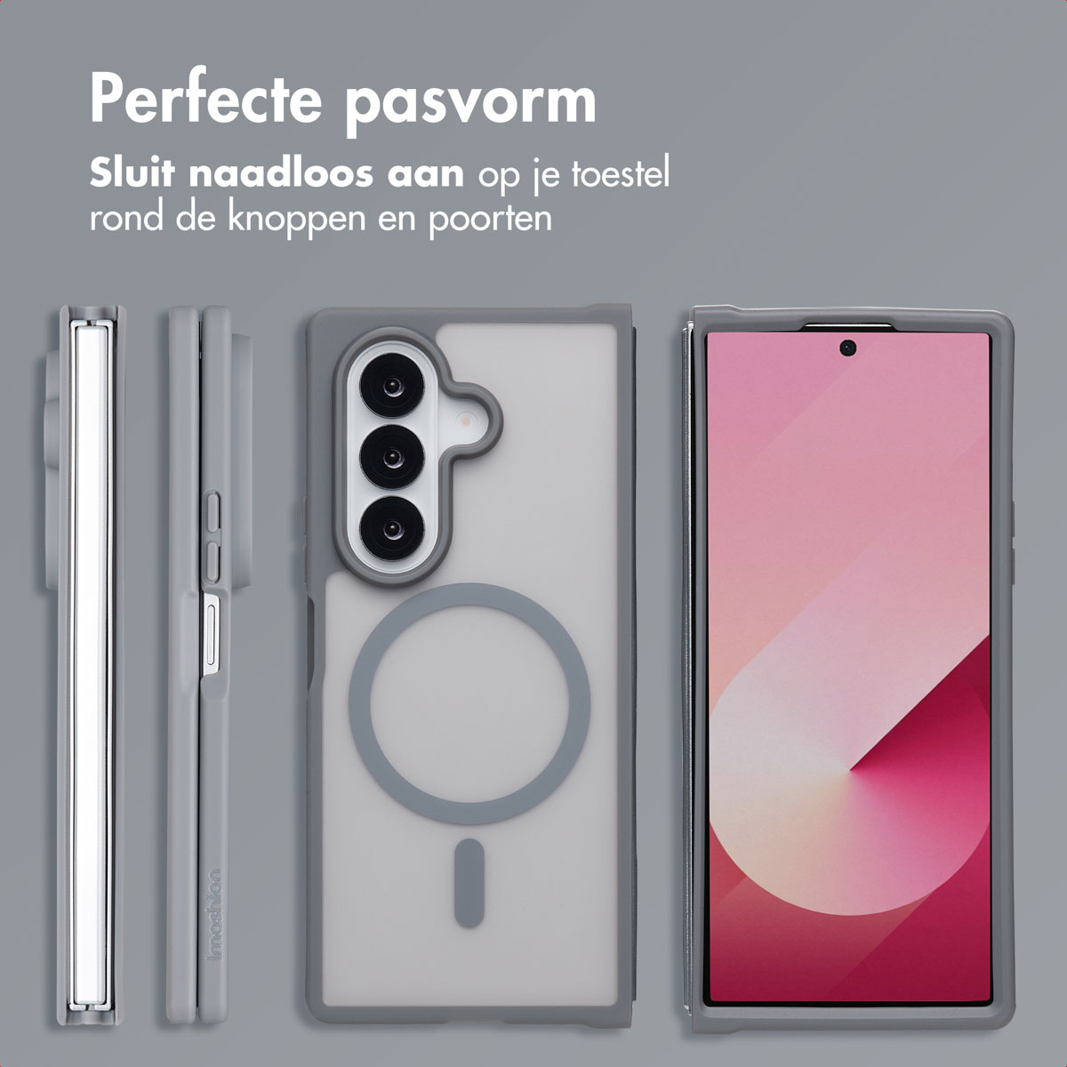 Telefoonhoesjes in verschillende oriëntaties. Tekst: Perfecte pasvorm. Sluit naadloos aan rond de knoppen en poorten.