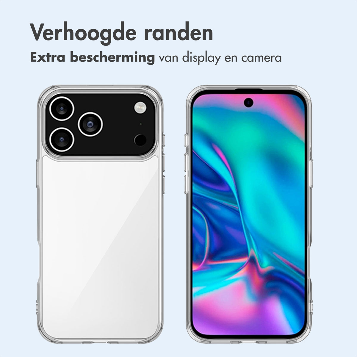 Telefoonhoesjes met camerabescherming. Tekst: Extra bescherming van display en camera door verhoogde randen.