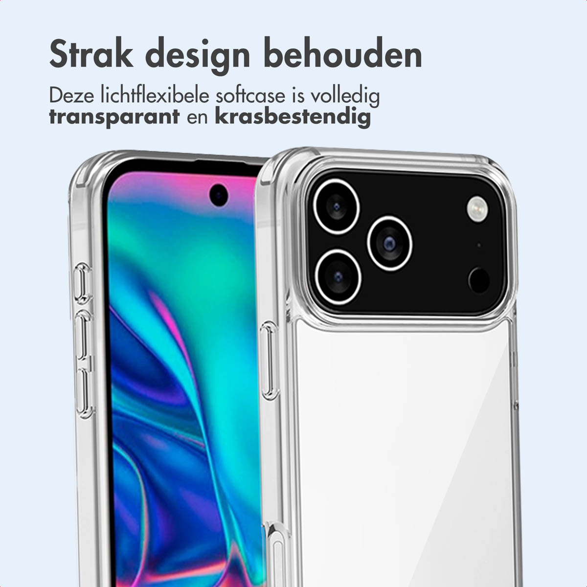 Telefoonhoesje met camerabescherming. Tekst: Behoudt strak design. Deze lichtflexibele softcase is volledig transparant.