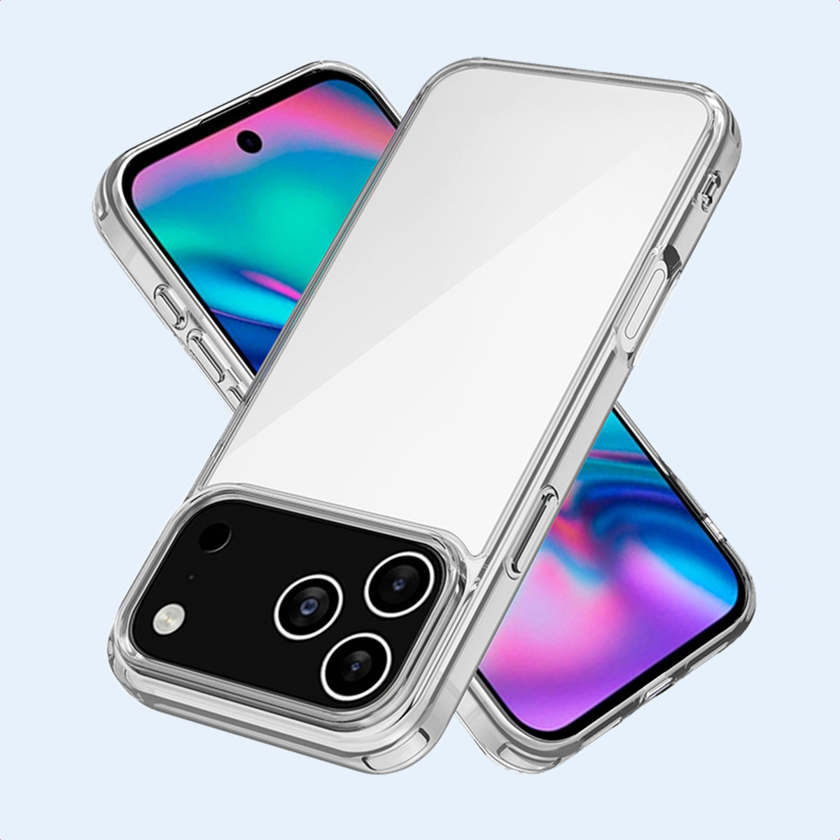 Twee telefoons in transparante hoesjes. Tekst 'Camerabescherming' bovenaan.