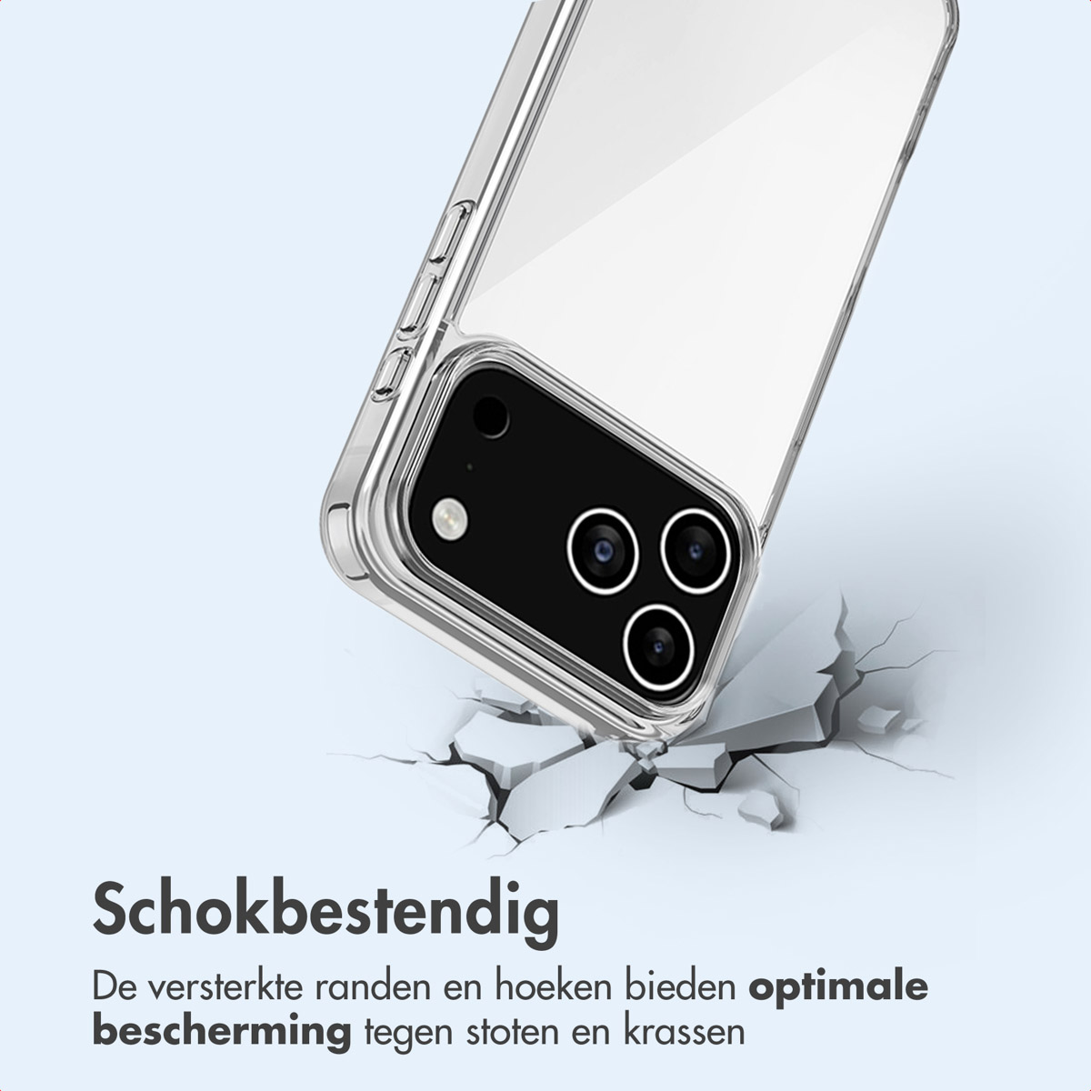 Telefoonhoesje en verbrijzeld oppervlak. Tekst: Schokbestendig. Beschermende randen en hoeken.