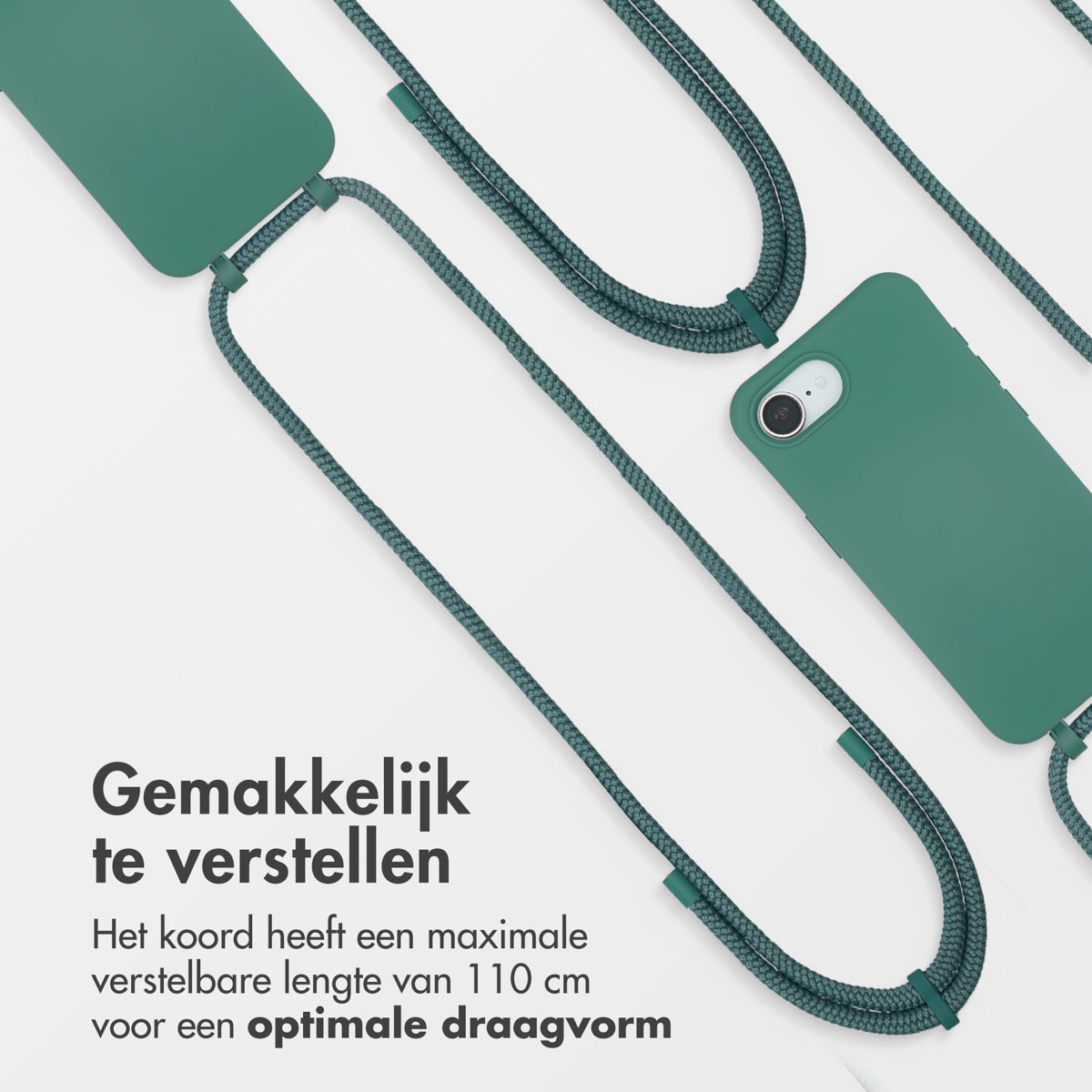 Een telefoonhoesje en een riem. De riem is groen en de telefoonhoesjes zijn ook groen. De achtergrond is wit.