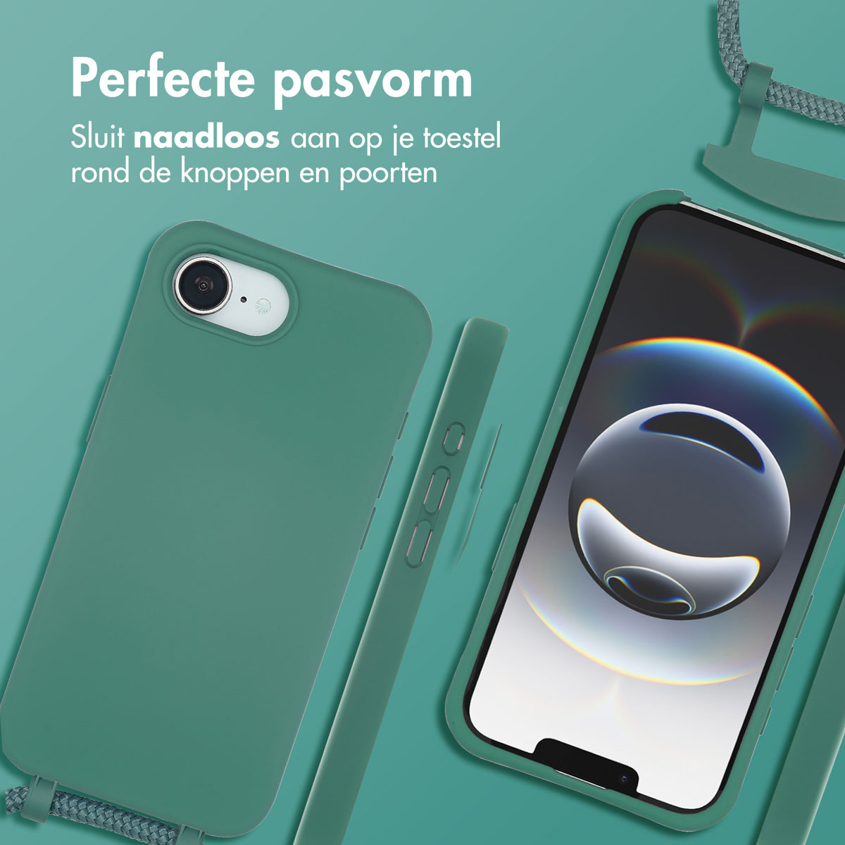 Twee telefoonhoesjes. Tekst: Perfecte pasvorm. Naadloze pasvorm rond knoppen en poorten.