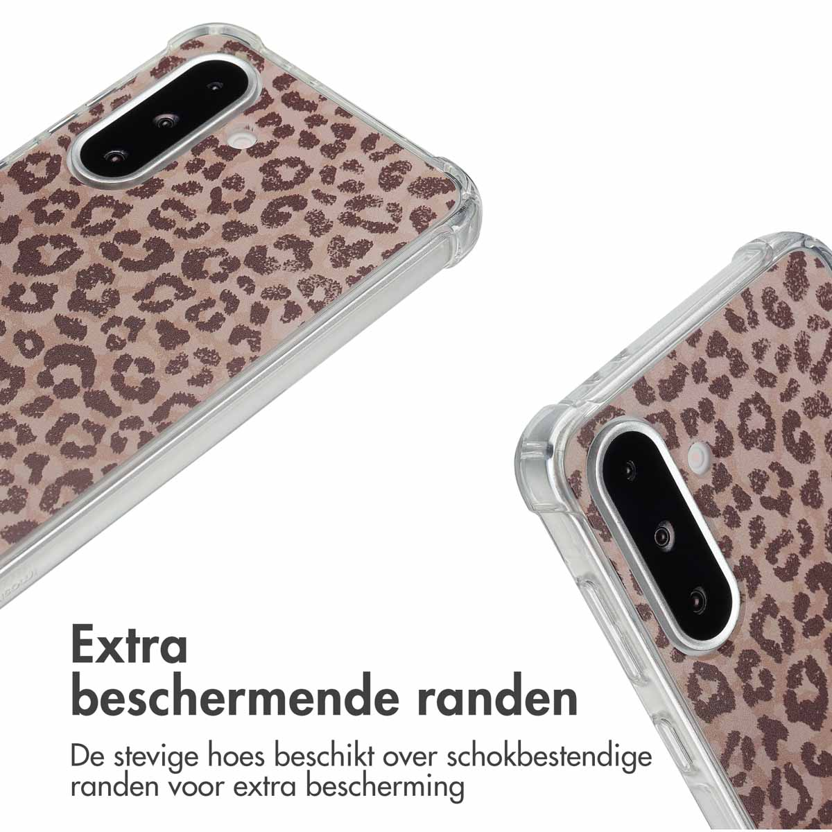 Twee telefoons in hoesjes met luipaardprint. Tekst 'Extra beschermende randen' onderaan.