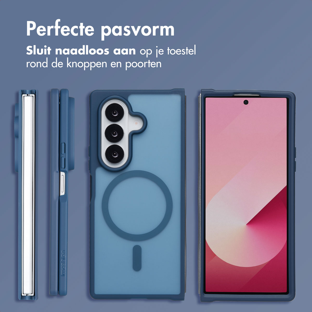 Telefoonhoesje in meerdere weergaven, blauwe kleur, met tekst.