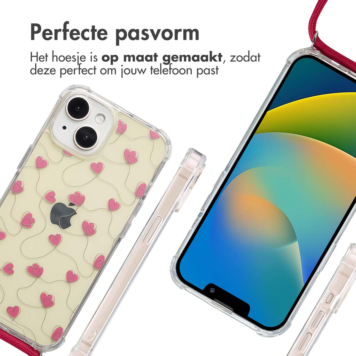 Een telefoon met een hoesje met hartjespatroon. De telefoon wordt door iemand vastgehouden. Een tweede telefoon en hoesje zijn ook zichtbaar.