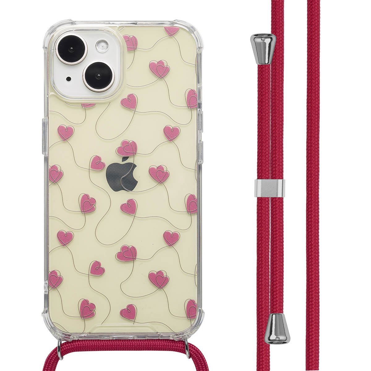 Een telefoonhoesje met een hartjespatroon en een rood koord. De hoes is transparant, met roze hartjes op een beige achtergrond.