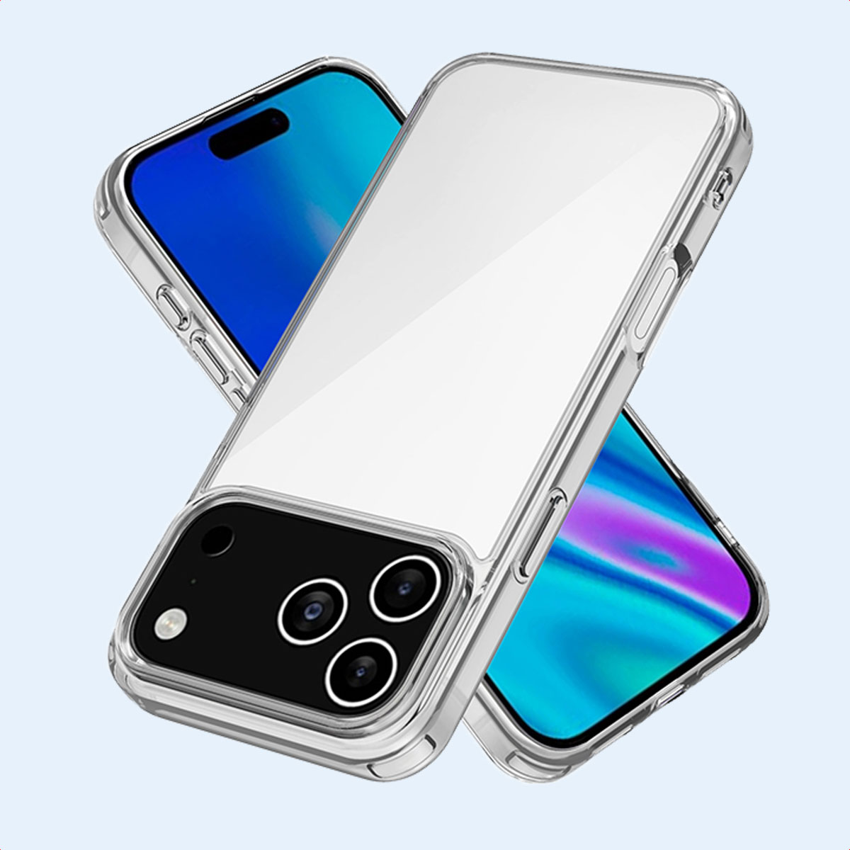 Twee telefoons in transparante hoesjes. Eén blauw, één wit. Duidelijke hoesjes tonen details.
