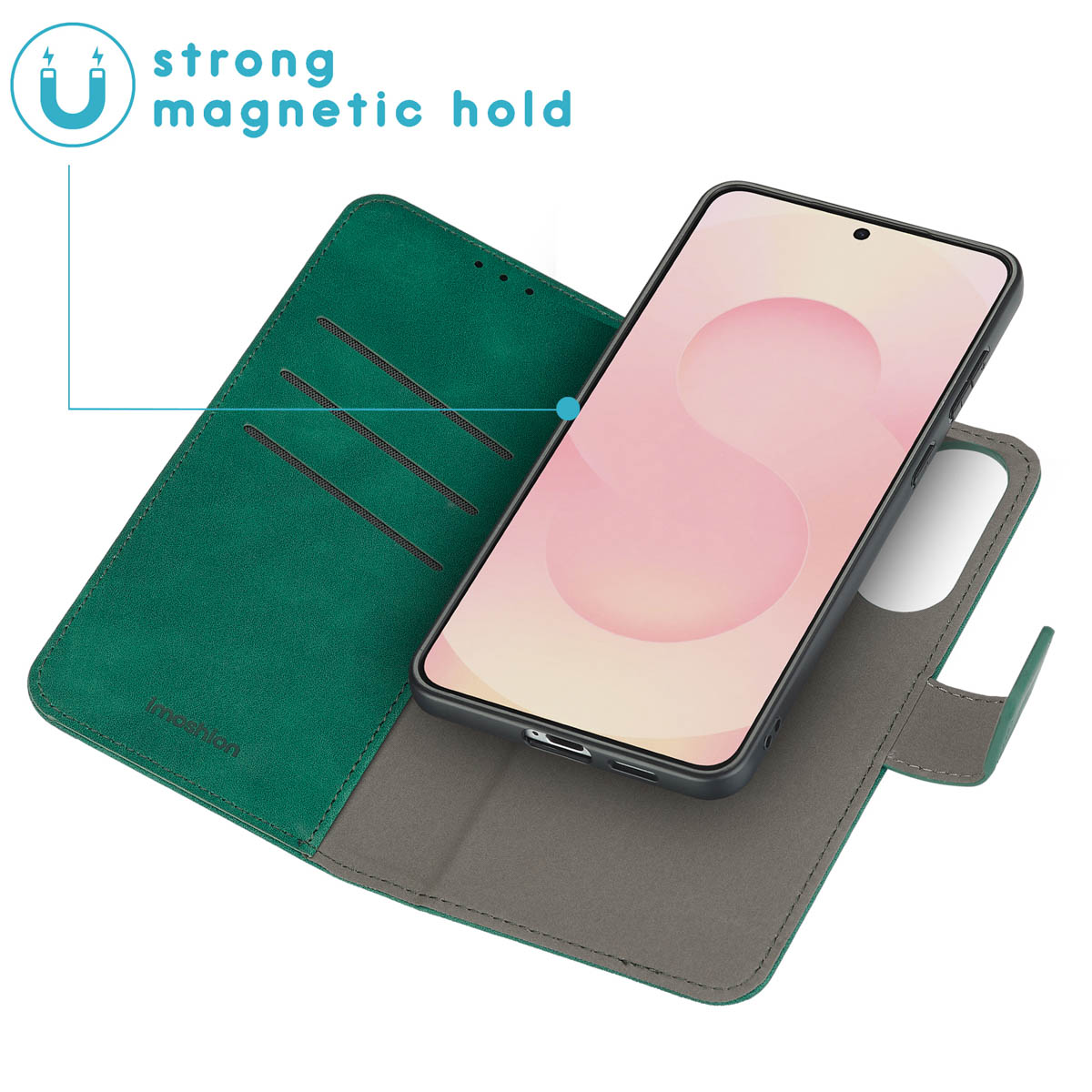 Een telefoon in een groen hoesje, met een symbool voor magnetische grip. De hoes is open. Het telefoonscherm is lichtroze.