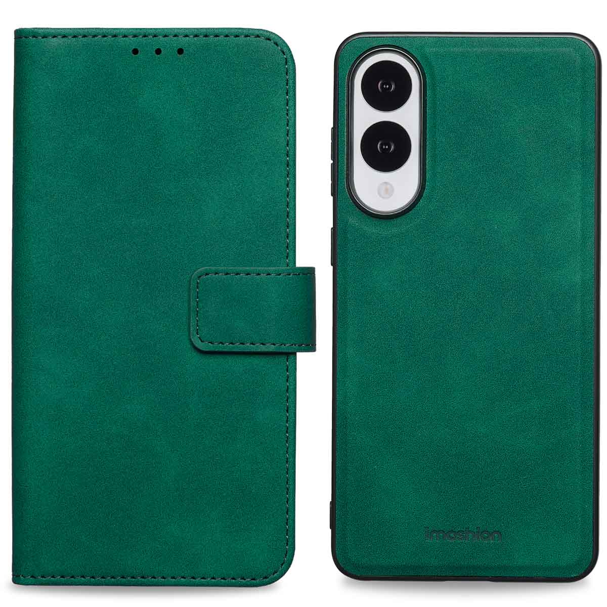 Groene telefoonhoes, open en gesloten weergave. Tekst: De hoes wordt geopend en gesloten getoond.
