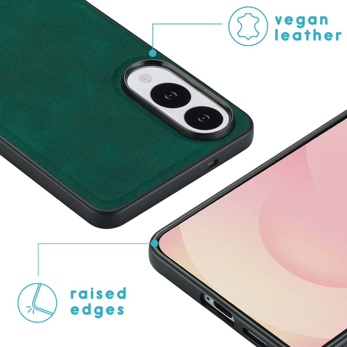 Close-up van een groene telefoonhoes. Tekst: Veganistisch leer. Verhoogde randen.