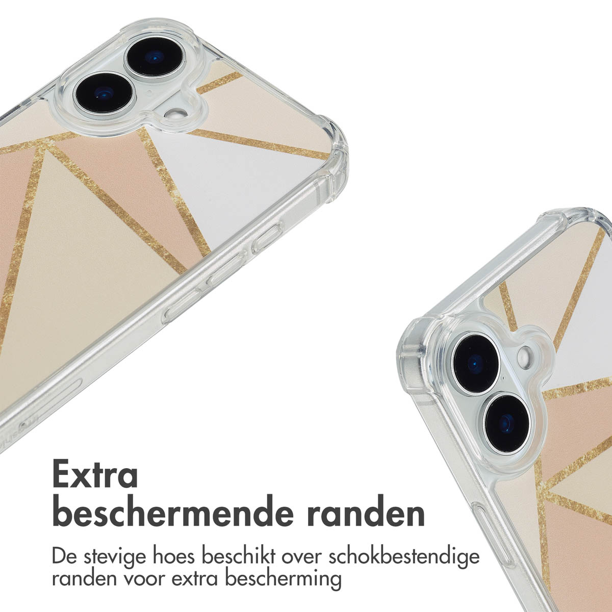 Twee telefoonhoesjes met een geometrisch design in goud en beige. Tekst: Extra beschermende randen. De stevige hoes heeft schokbestendige randen.