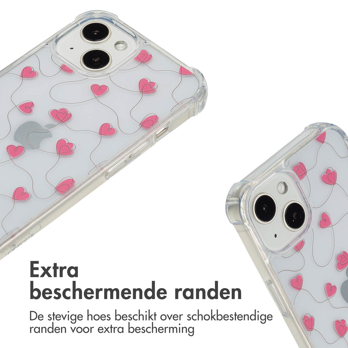 Transparante telefoonhoes met roze hartjes design. Tekst: Extra beschermende randen. De stevige hoes heeft schokbestendige randen.