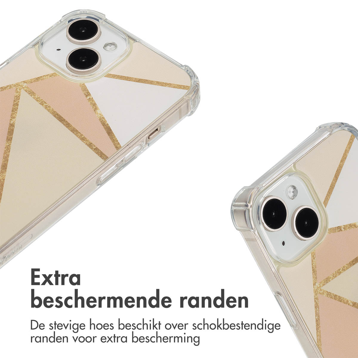 Twee telefoonhoesjes met geometrisch design in goud en beige. Tekst: Extra beschermende randen. De stevige hoes heeft schokbestendige randen.