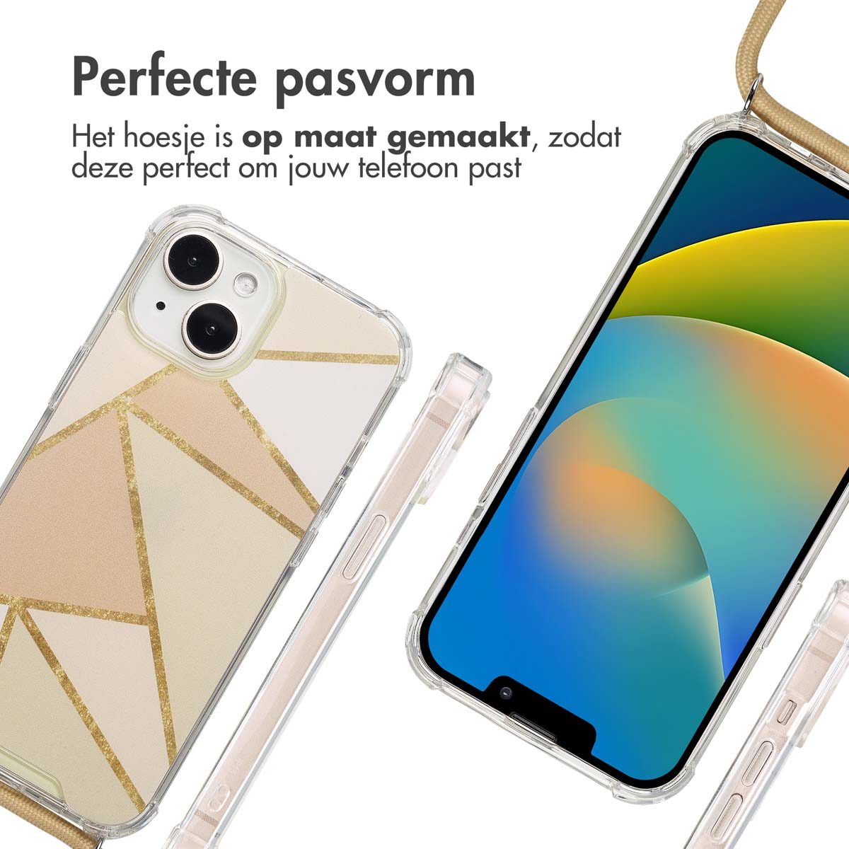 Twee telefoonhoesjes, één met geometrisch design. Tekst: Perfecte pasvorm. De hoes is op maat gemaakt.