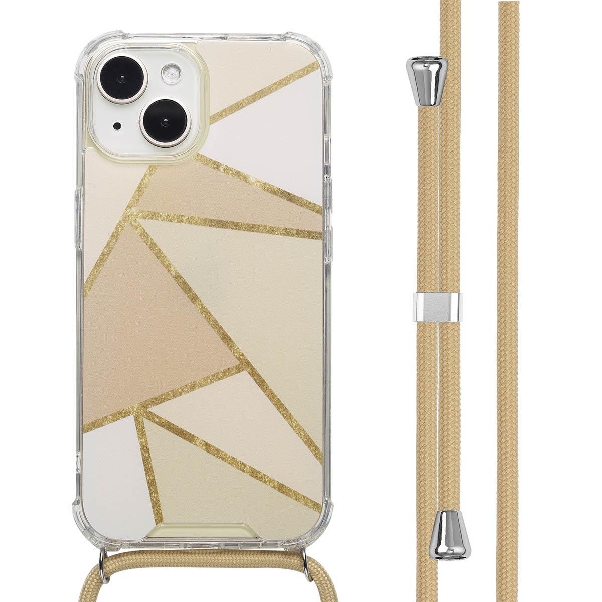 Telefoonhoesje met geometrisch ontwerp, koord en bevestigingen.