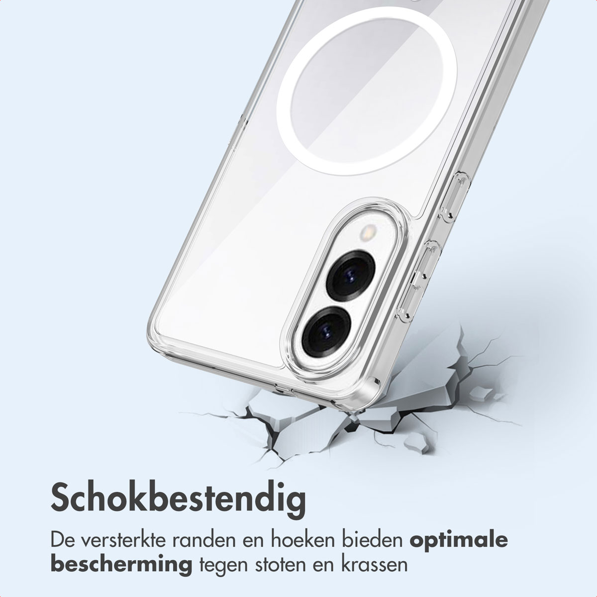 Custodia del telefono e superficie frantumata. Testo: Antishock. Bordi e angoli protettivi.
