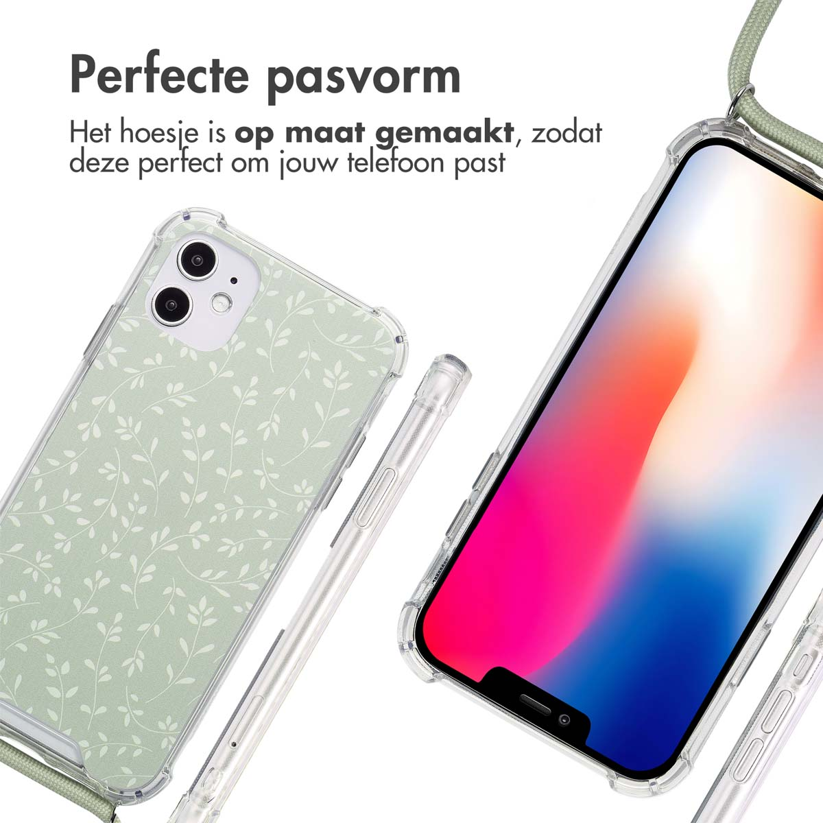 Téléphone dans une coque verte avec motif floral, une coque transparente et accessoires.