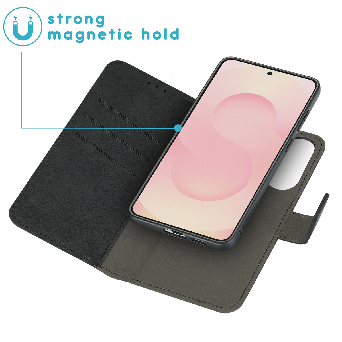 Telefoon in een donkere hoes met een magnetische cover, met een licht scherm.