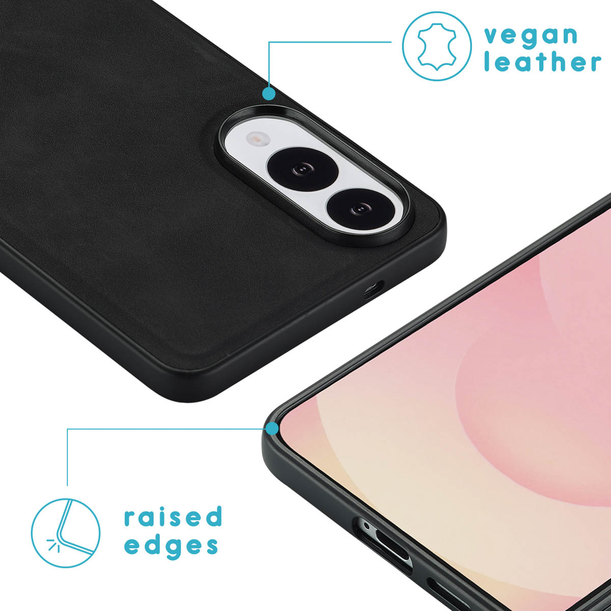 Close-up van een telefoon met verhoogde randen en een hoes van veganistisch leer.