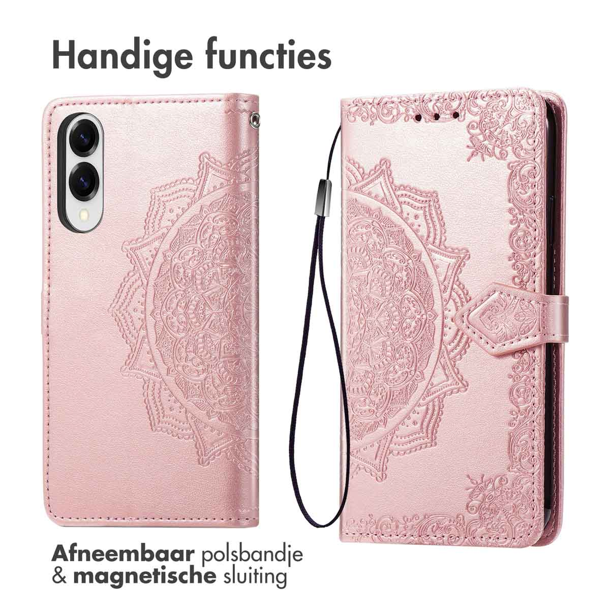 Roze telefoonhoesje met een mandala-ontwerp. De hoes is gesloten en heeft een magnetische sluiting en een polsbandje.