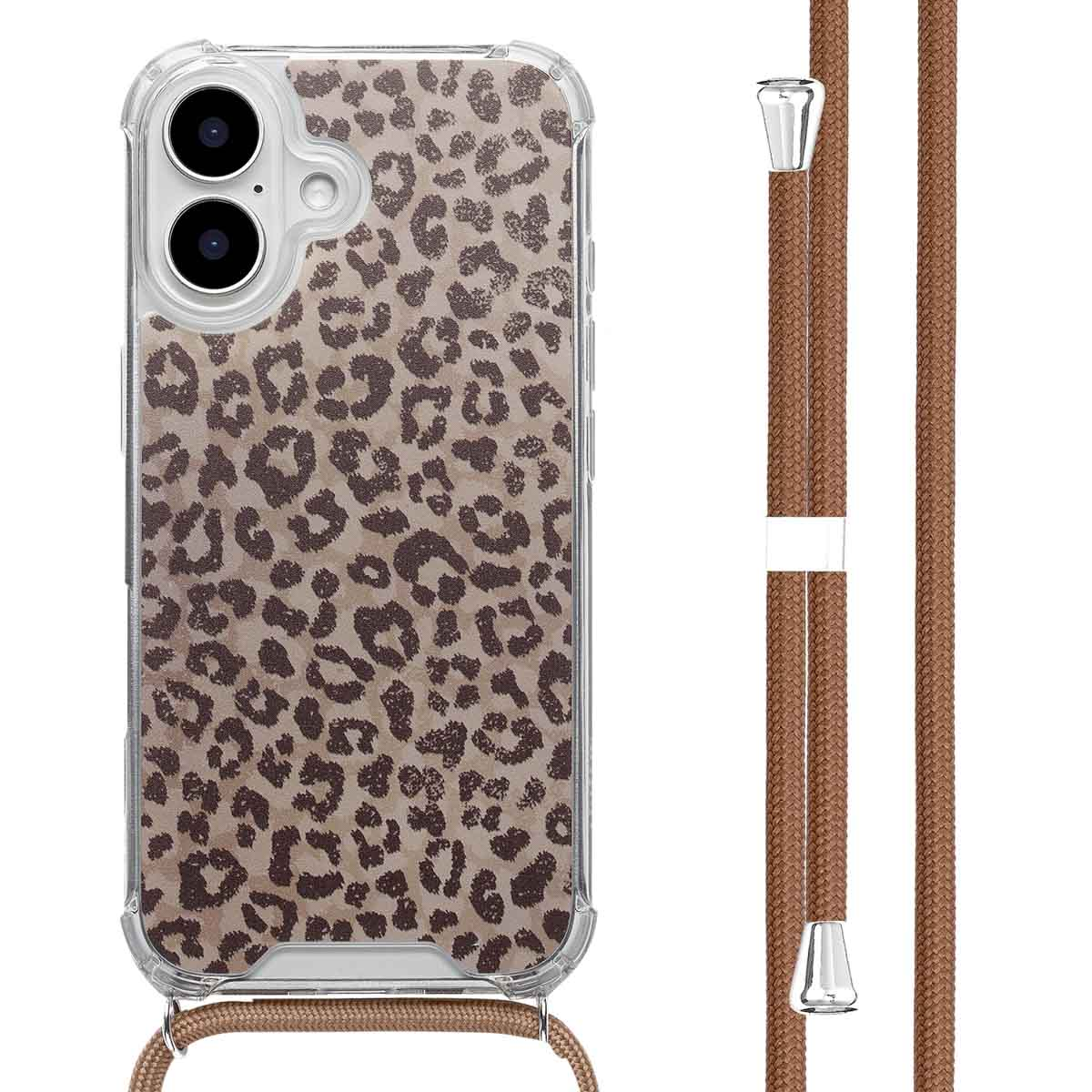 Coque de téléphone avec motif léopard et cordon.