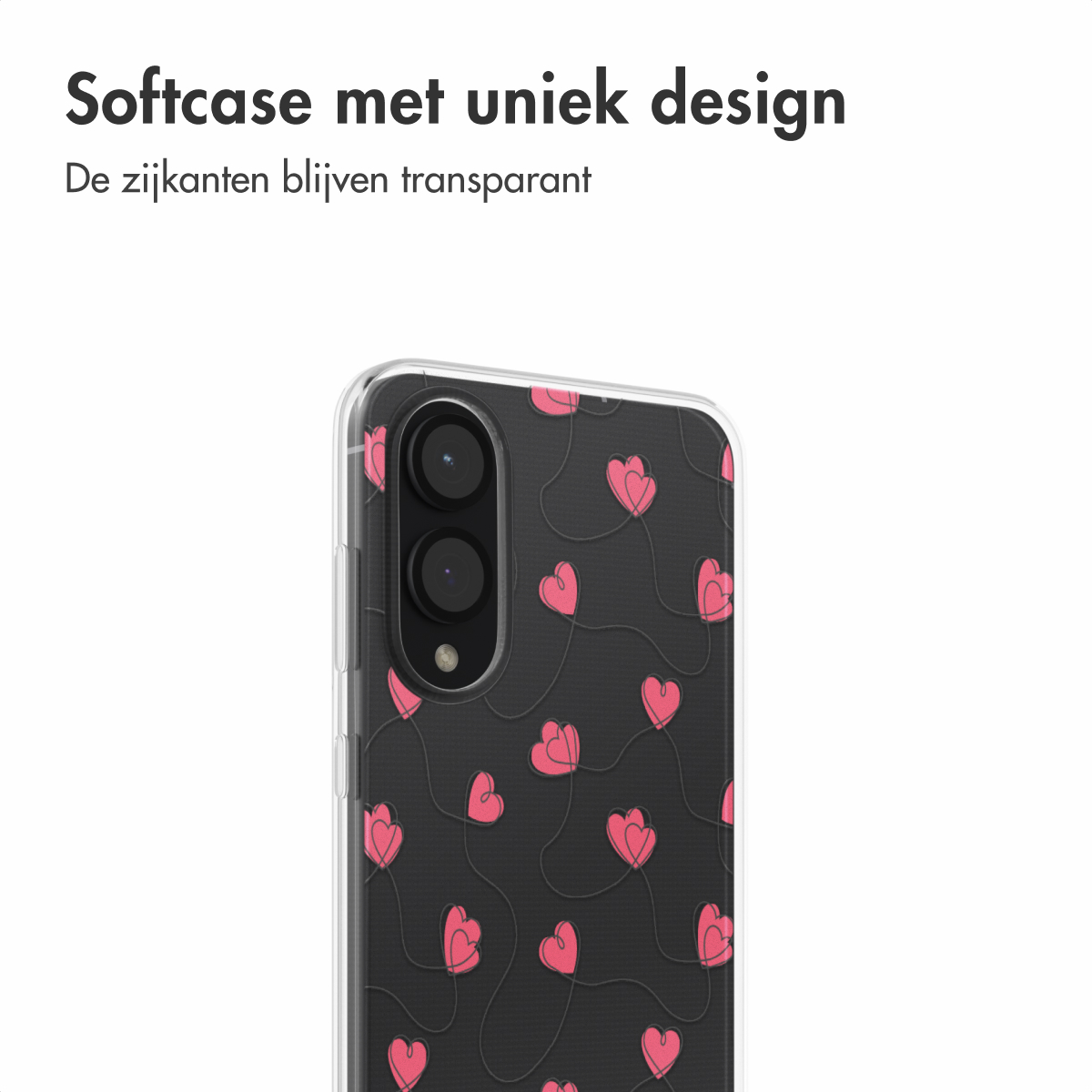 Transparante telefoonhoes met roze hartjespatroon op een zwarte achtergrond.