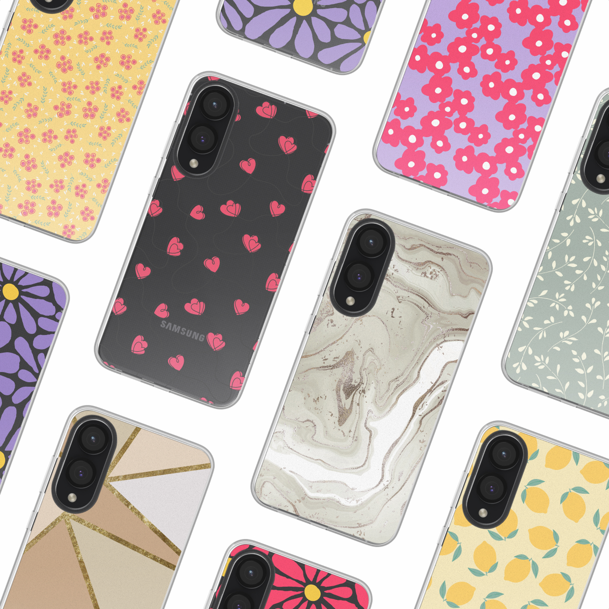 Een verscheidenheid aan telefoonhoesjes, elk met unieke ontwerpen, waaronder bloemen- en abstracte patronen.