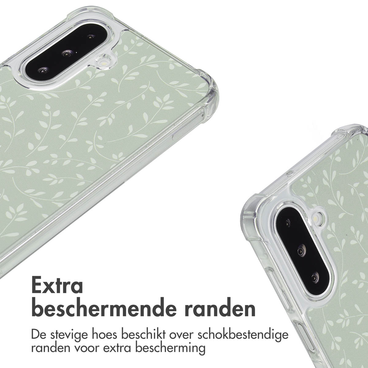 Close-up of a phone case with a floral pattern on a light green background.