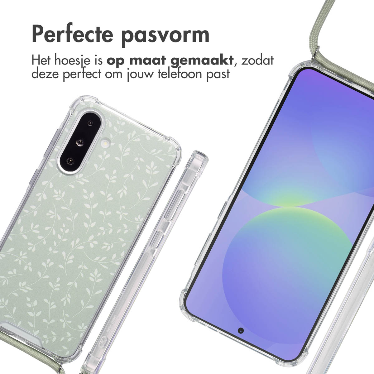 Two phone cases with a leaf pattern and a phone screen. One case is on a phone and the other is separate.