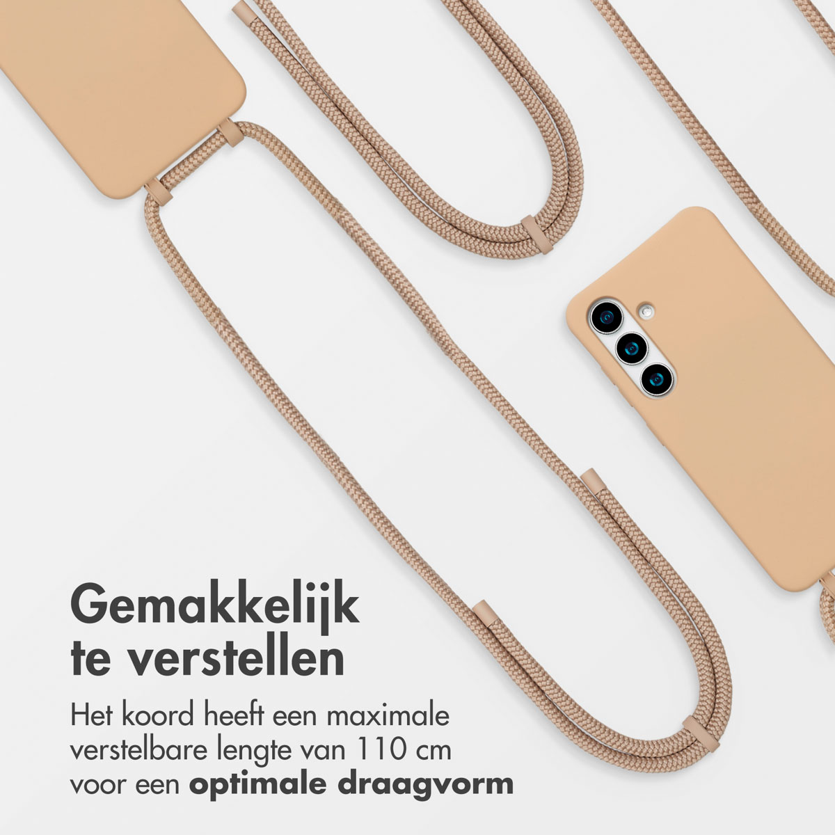 Twee telefoonhoesjes verbonden door een koord. Het hoesje aan de linkerkant zit op een telefoon. Het hoesje aan de rechterkant is los.