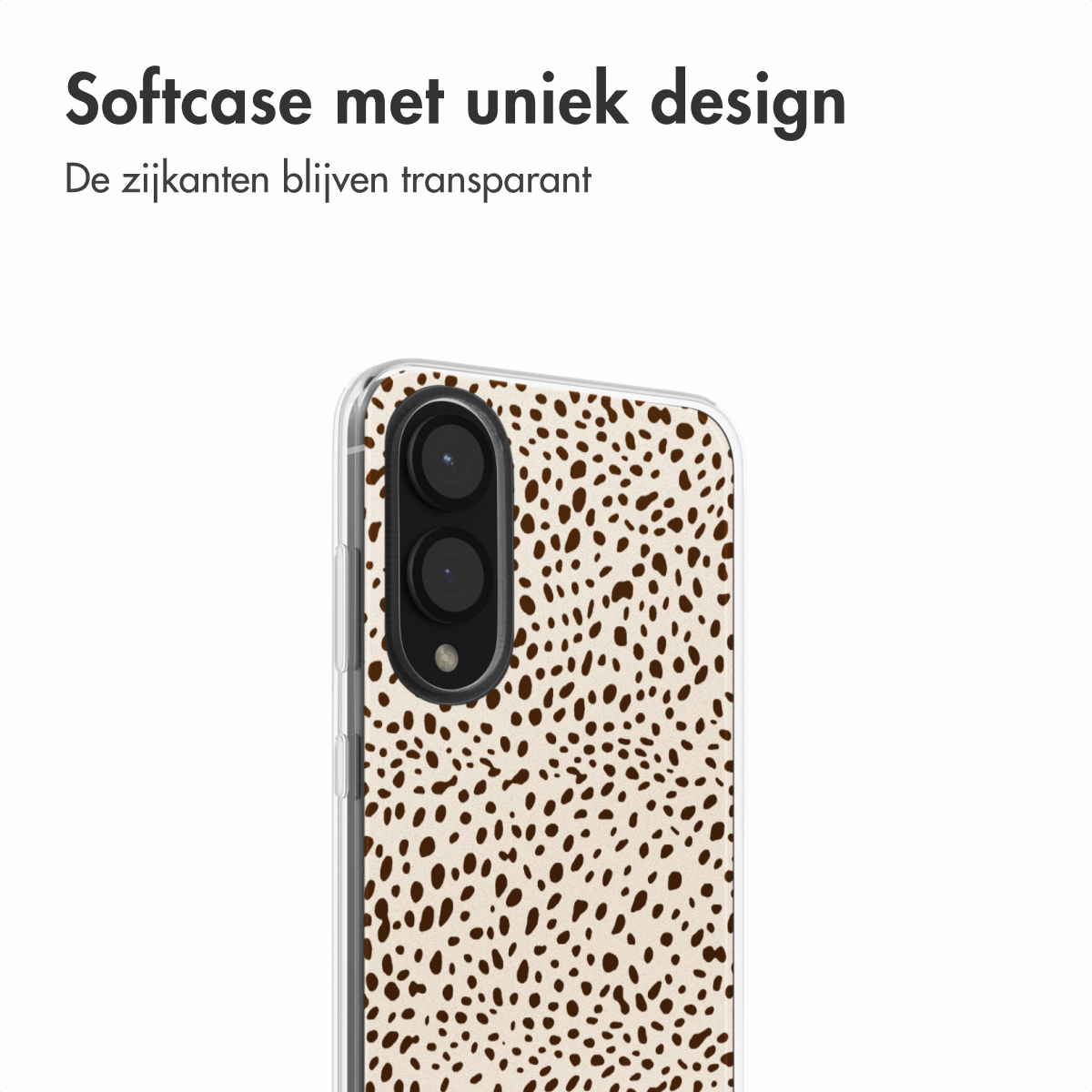 Close-up van een telefoonhoesje met een bruin stippenpatroon. Tekst zegt 'Softcase met uniek design'. De telefoon is geïsoleerd op wit.