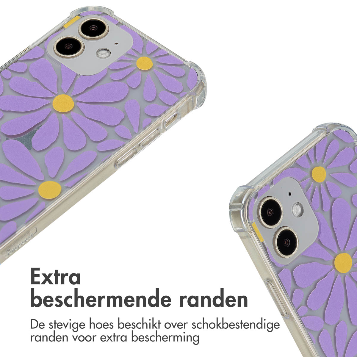 Twee telefoonhoesjes met paars bloemdesign. Tekst: Extra beschermende randen.