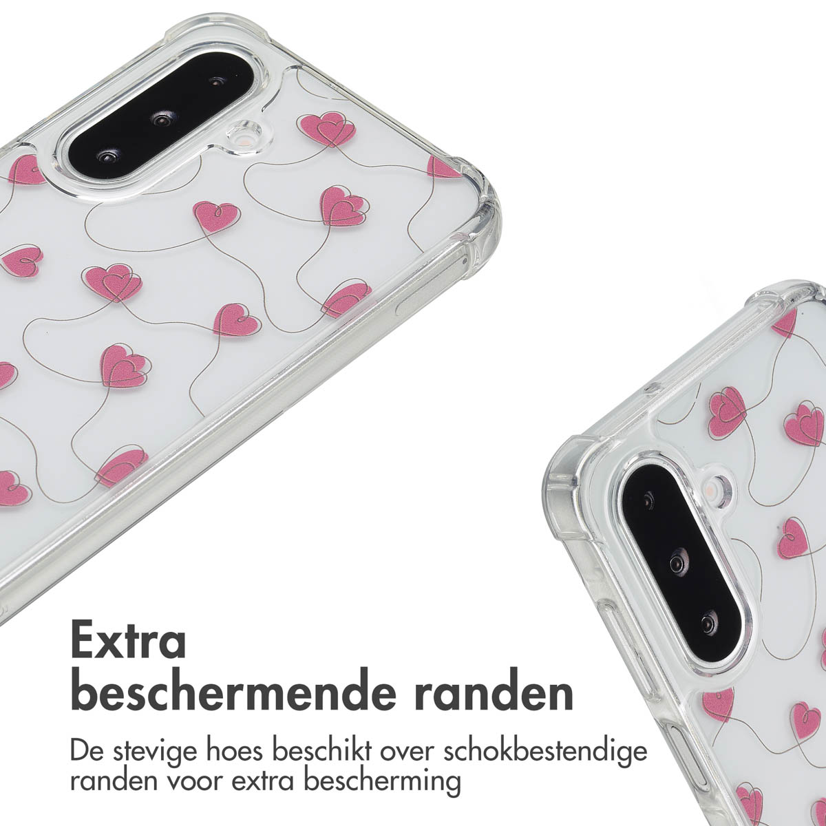 Twee telefoonhoesjes met roze hartjes, doorzichtige hoesjes met zwarte camera's. Tekst: Extra beschermende randen.