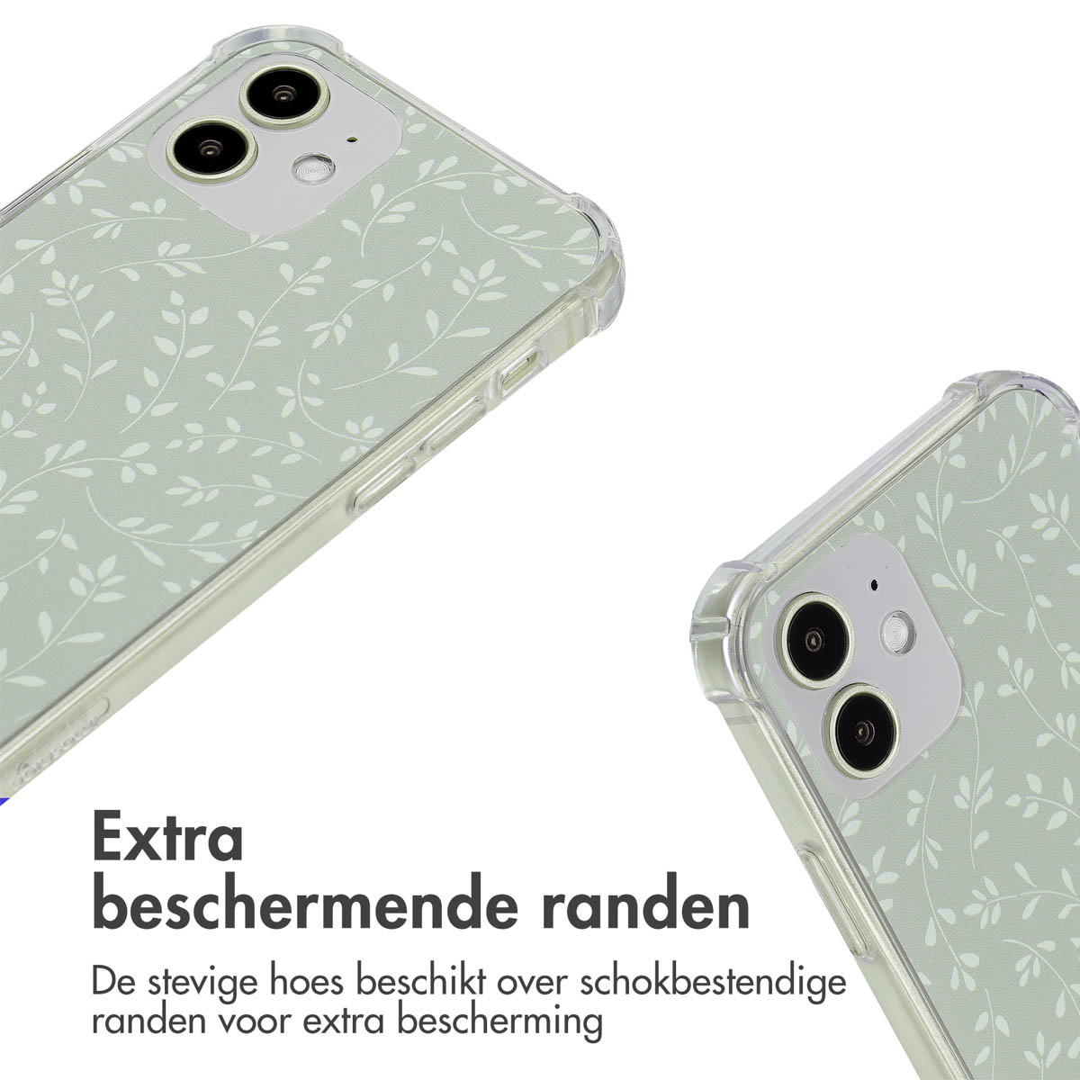 Gros plan de deux coques de téléphone avec un motif de feuilles. Les coques sont transparentes, montrant le design du téléphone. Texte : 'Extra beschermende randen'.