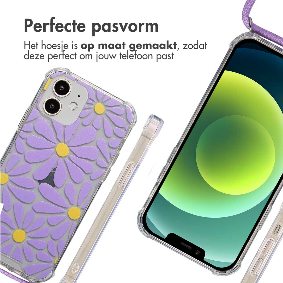Twee telefoons in bloemenhoesjes. Eén zit aan een koord. Tekst: Perfecte pasvorm.