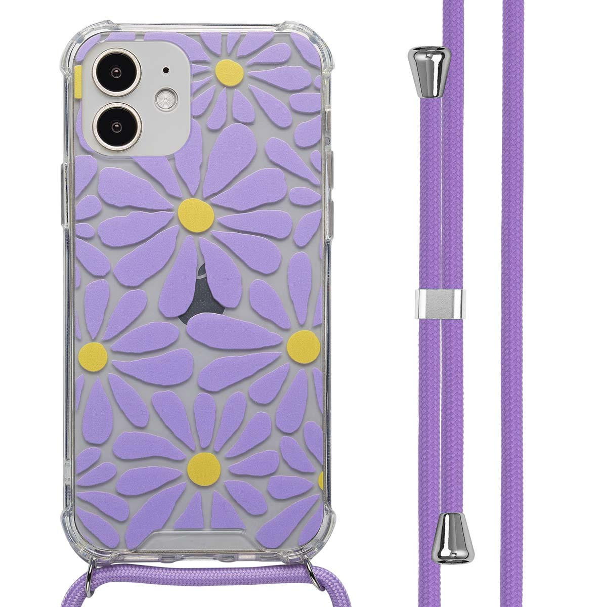 Een telefoonhoesje met een madeliefpatroon en een paars koord. Het telefoonhoesje is transparant en toont het ontwerp van de telefoon.
