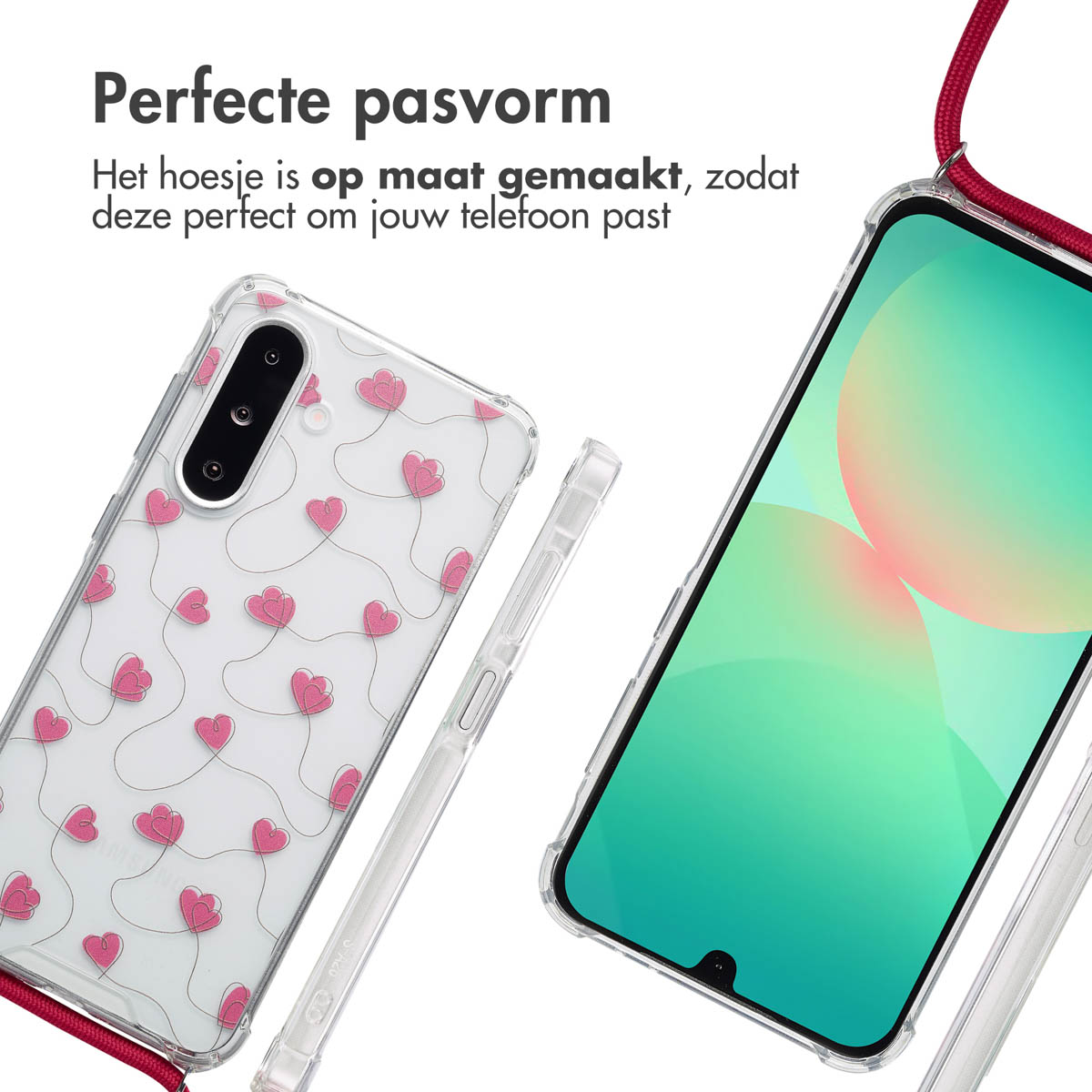 Twee doorzichtige telefoonhoesjes met een hartjespatroon. Een hoesje is open en toont het scherm van de telefoon. Een rood koord is bevestigd.