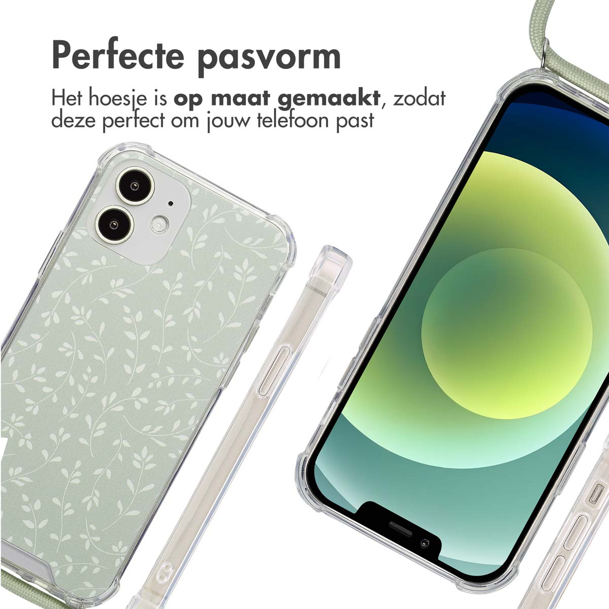 Deux coques de téléphone avec un motif de feuilles et un écran de téléphone. Un étui est sur un téléphone et l'autre est séparé.