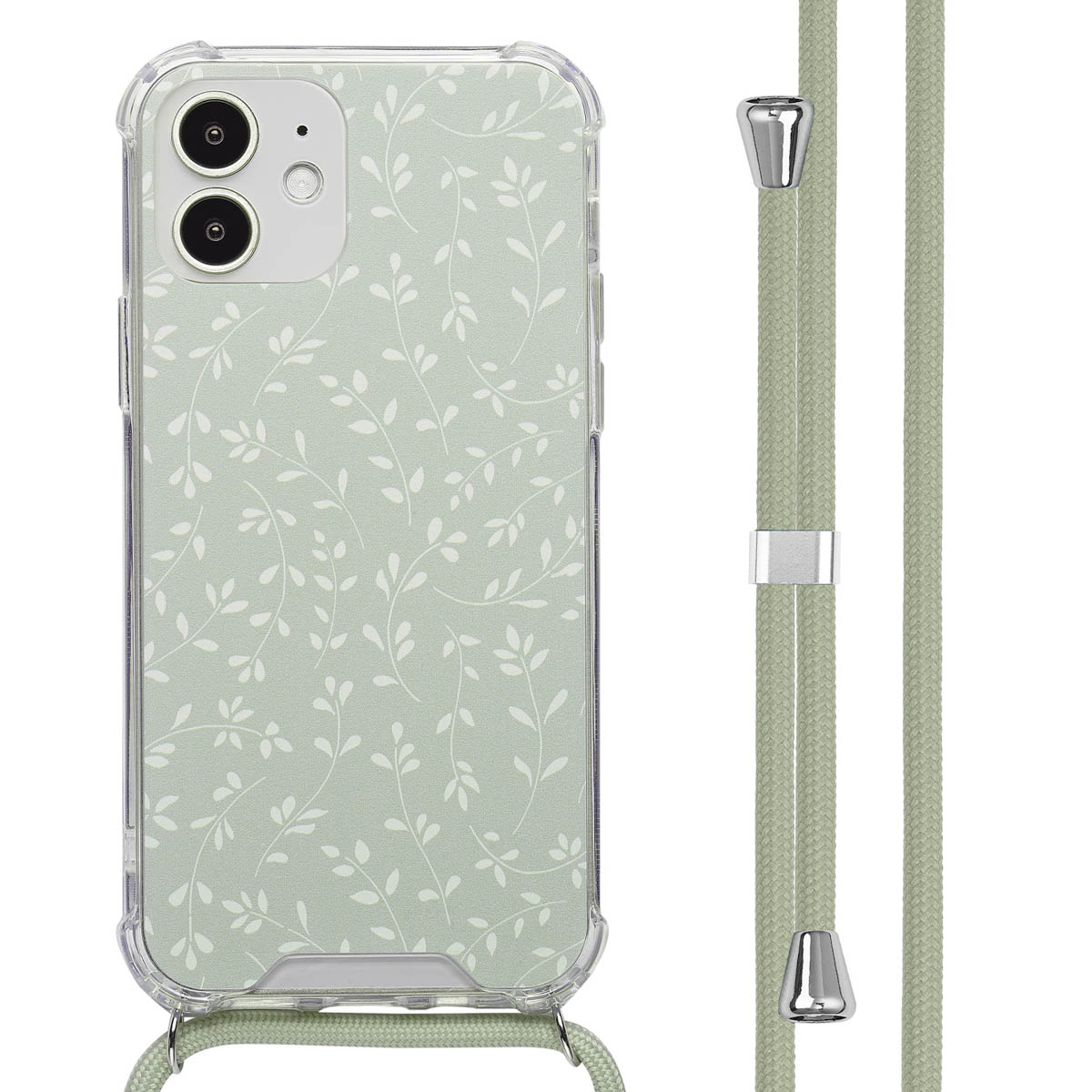 Un téléphone dans une coque à motifs de feuilles, avec une sangle. Texte : Fonctions pratiques.