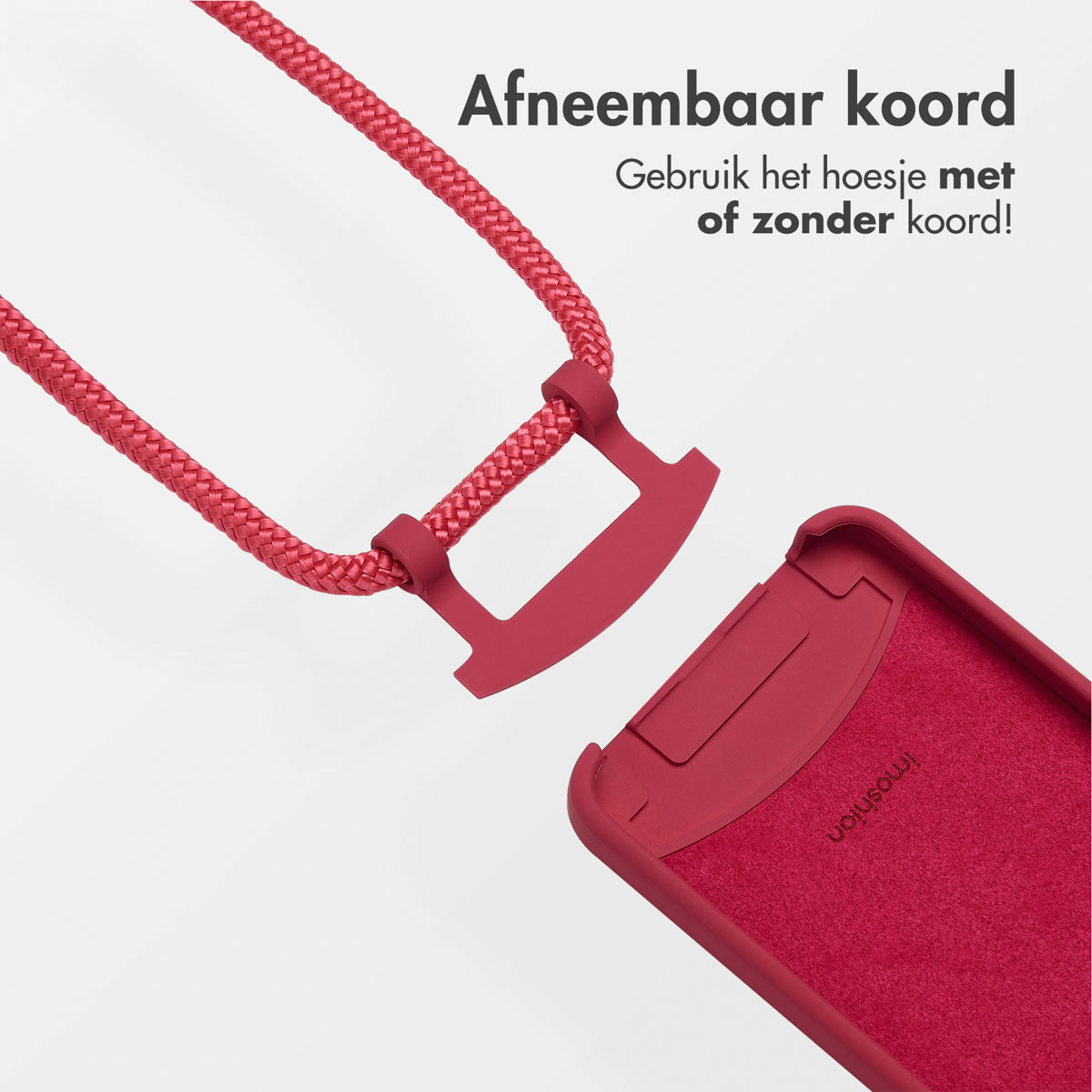 Rode telefoonhoes met een afneembaar rood koord. Tekst zegt dat het met of zonder koord gebruikt kan worden.