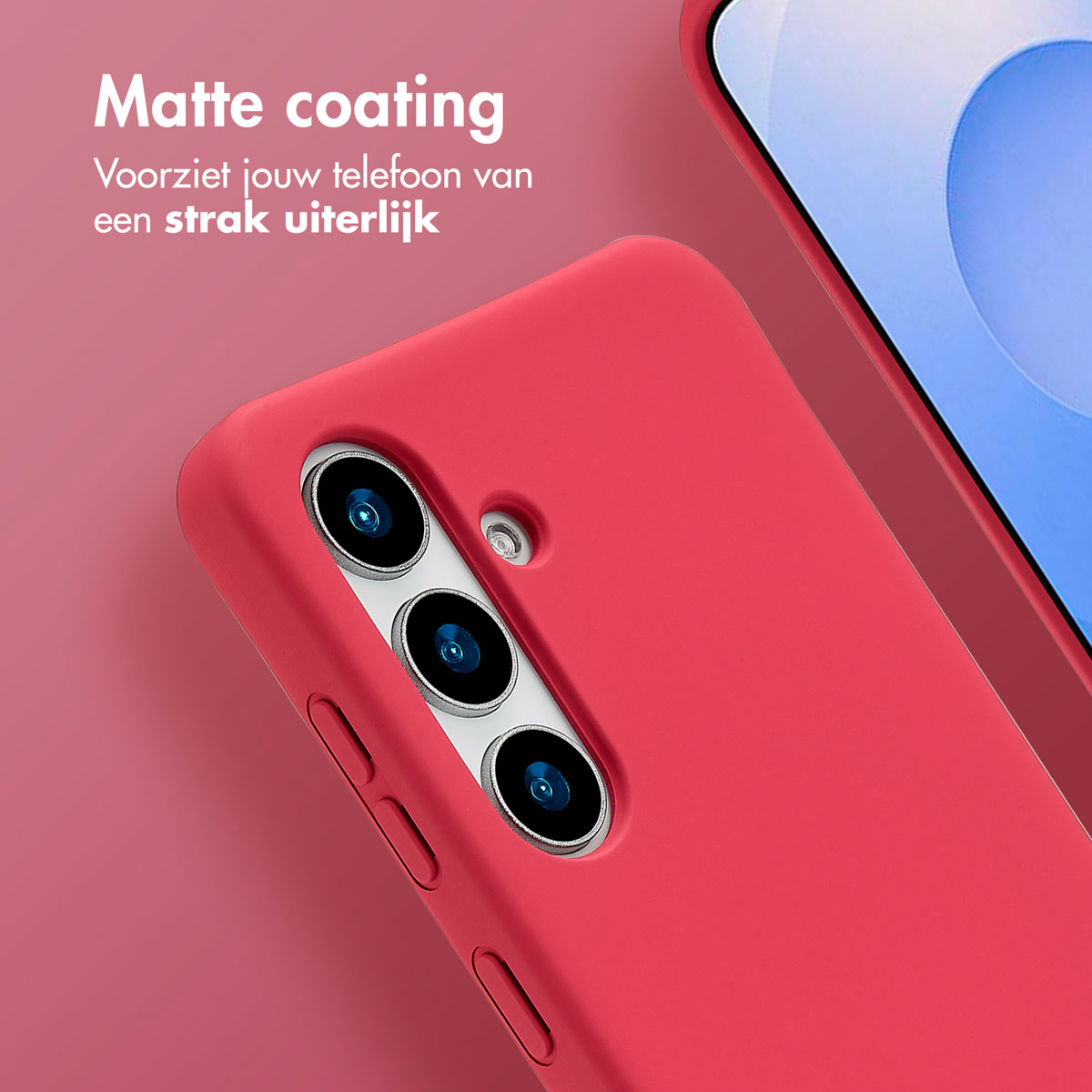 Een rood telefoonhoesje met een telefoon. Text: Matte coating.