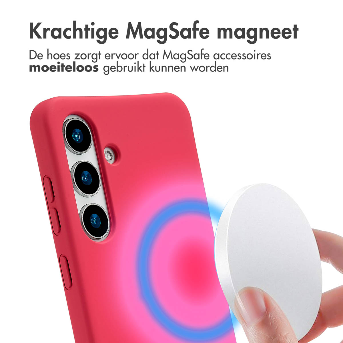 Een rood telefoonhoesje met een witte MagSafe-lader. Text: Krachtige MagSafe-magneet.