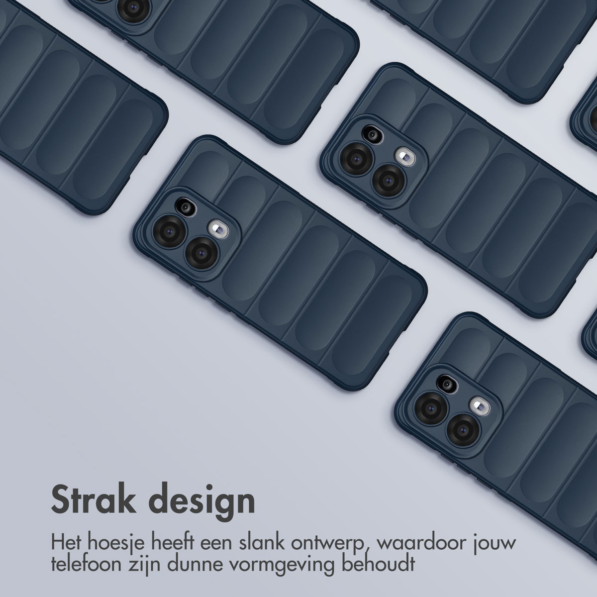 Donkerblauwe telefoonhoesjes. Text: Strak design.