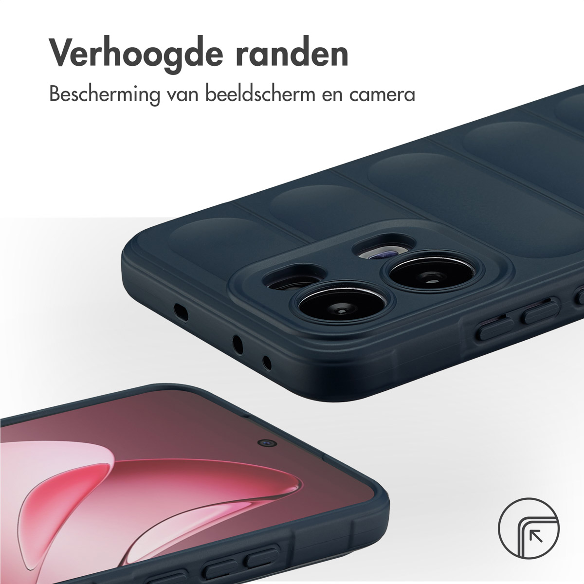 Twee telefoons met hoesjes. Eén is een marineblauwe hoes met een donker scherm. De andere is een open scherm.