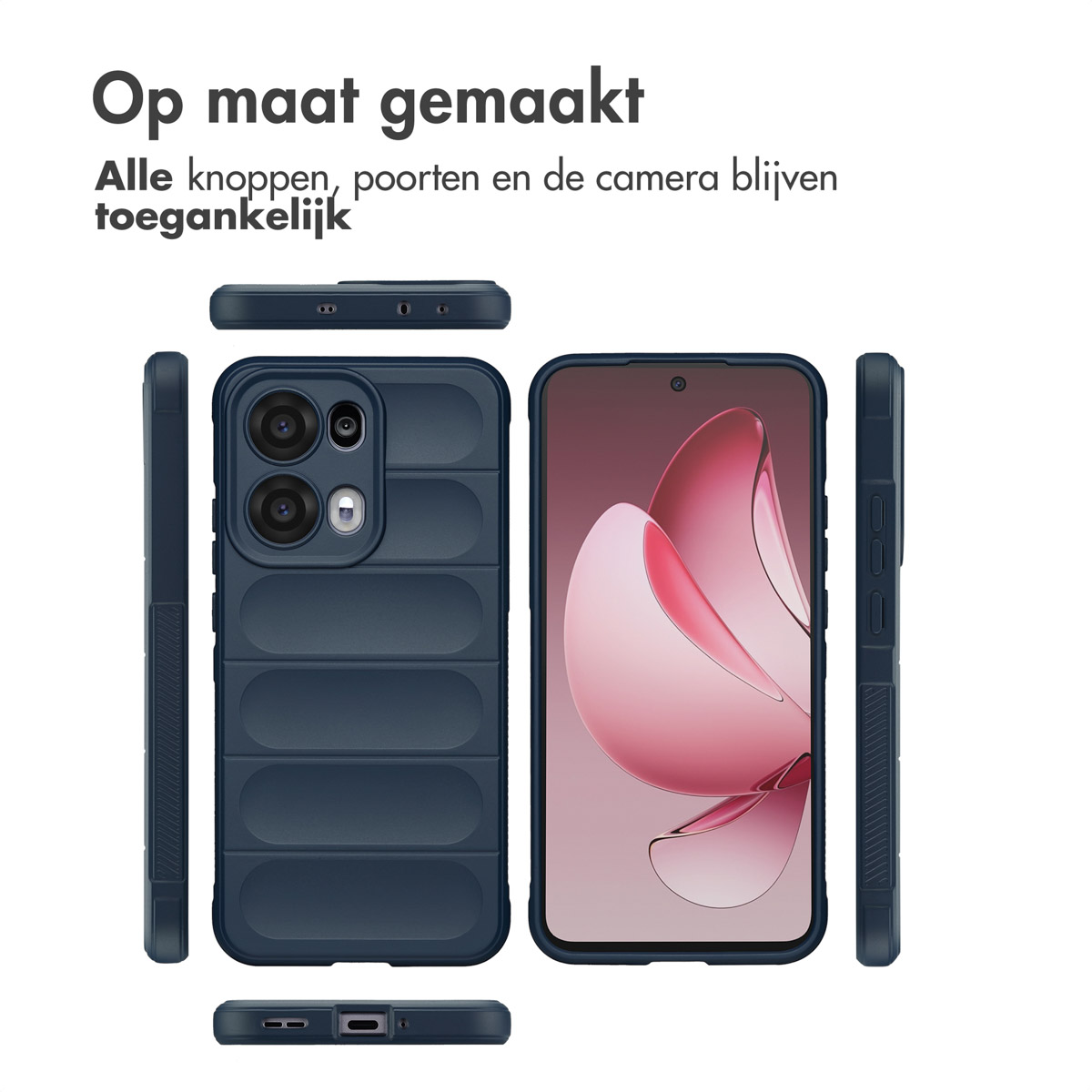 Een telefoon wordt weergegeven in een blauwe hoes. De hoes wordt vanuit verschillende hoeken getoond. De achtergrond is wit.