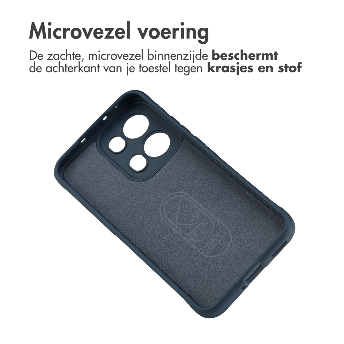Binnenkant van een blauw telefoonhoesje. Text: Microvezel voering.