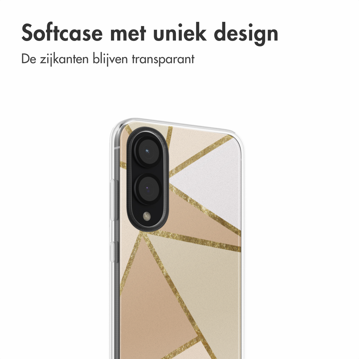Een telefoonhoesje met een geometrisch ontwerp en gouden lijnen wordt weergegeven. Het heeft een transparant frame.